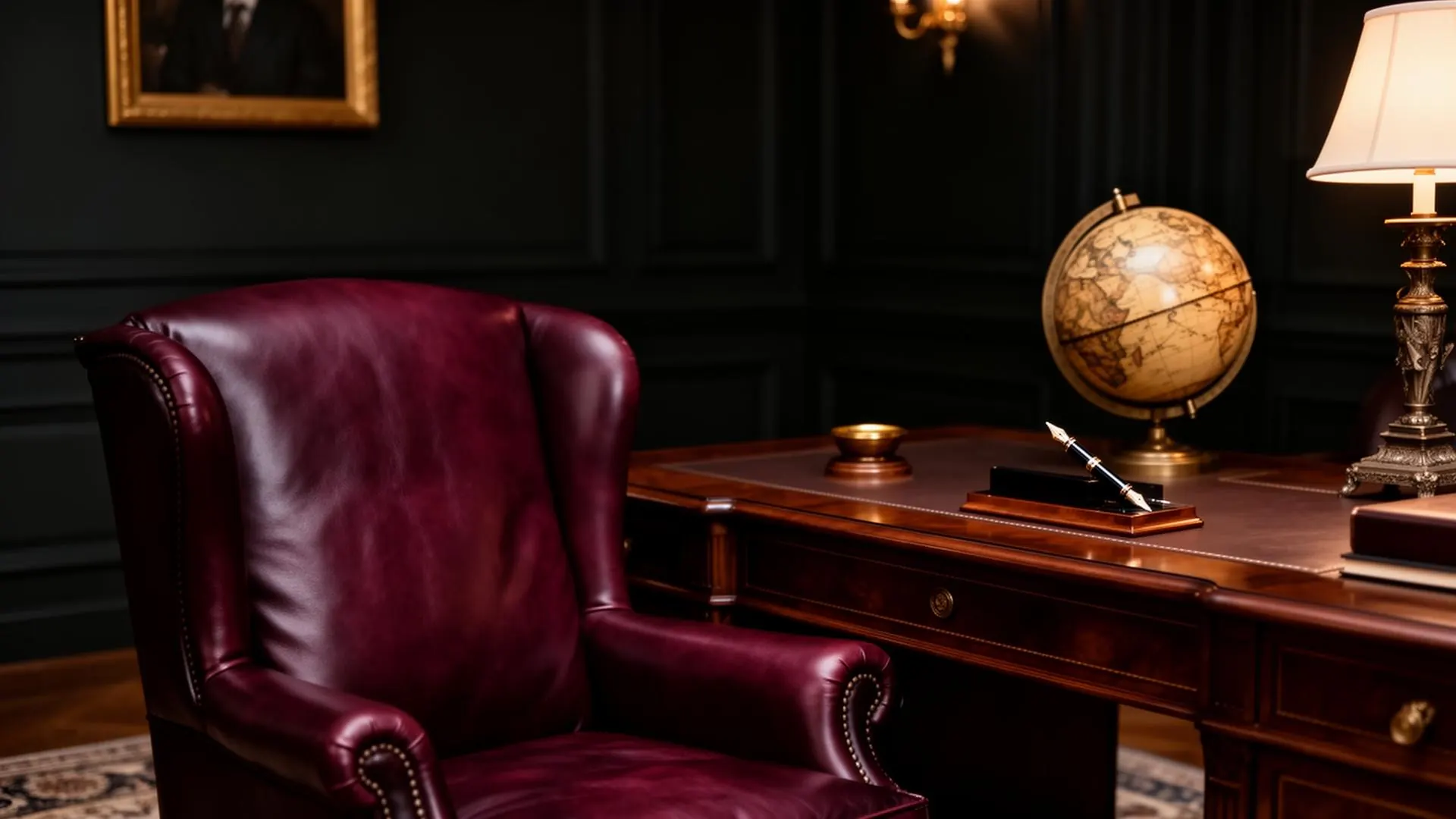 Bureau de banquier privé en cuir bordeaux
